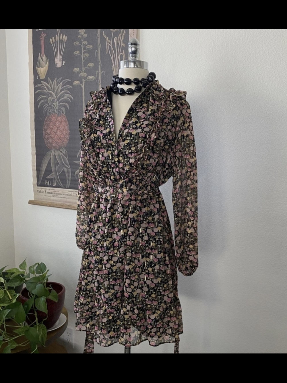 LC Lauren Conrad Black Floral Ruffle V-Neck Long Sleeve Dress
